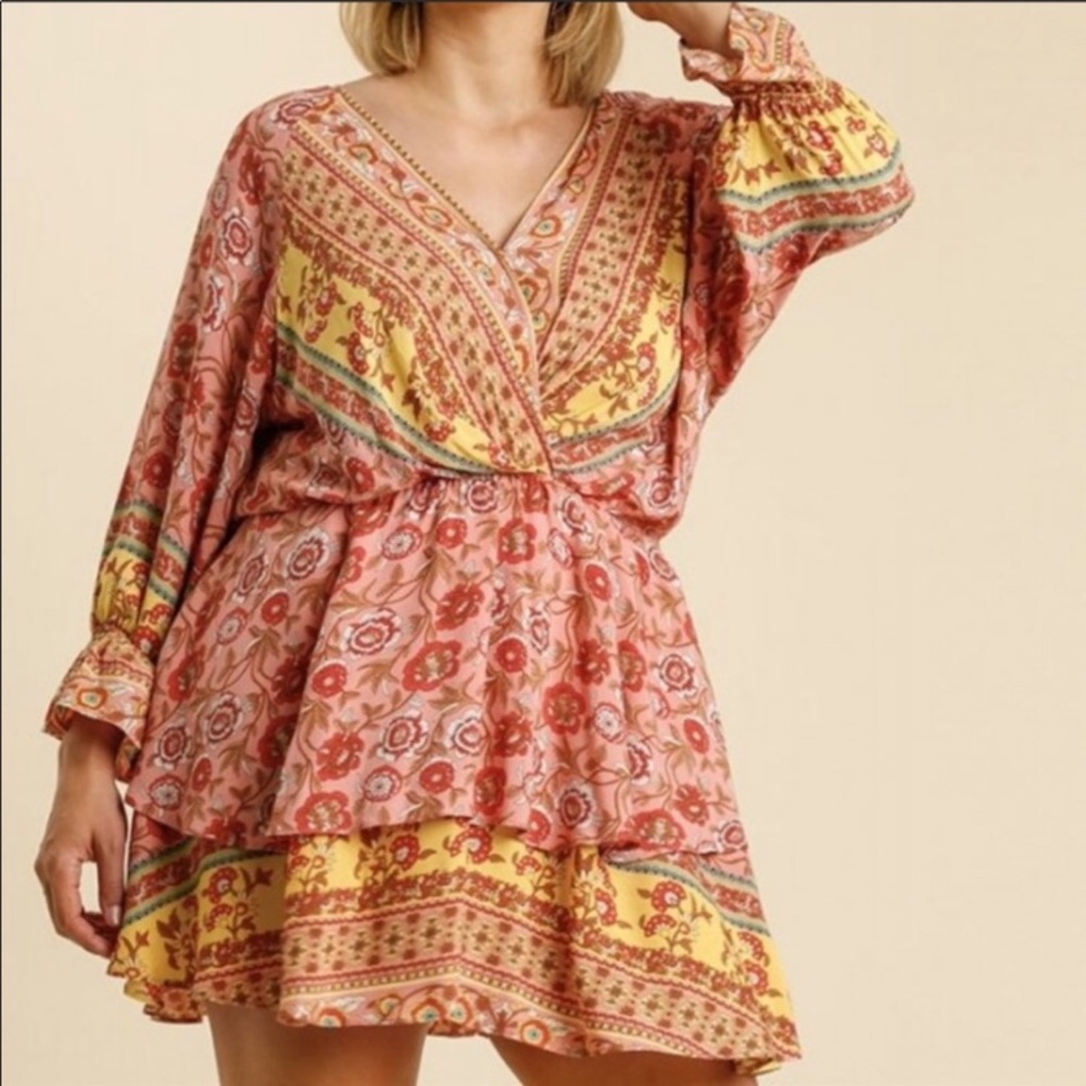 Umgee Orange Paisley V-Neck Mini Dress - Picture 2 of 15